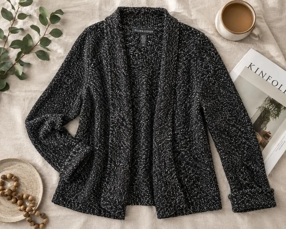 Eileen Fisher Organic Linen Organic Cotton Open Front‎ Cardigan Sm Black Marled